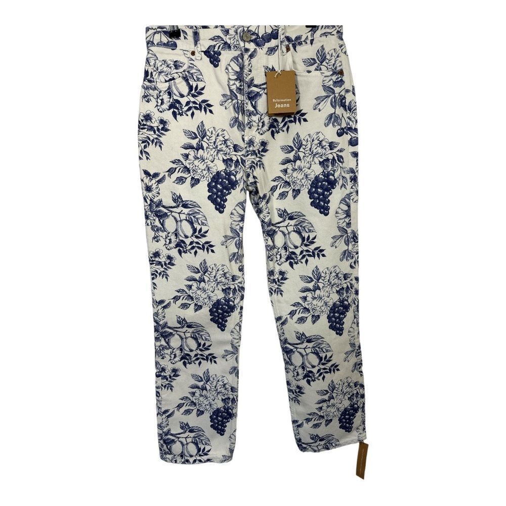REFORMATION Women’s Cynthia Toile High Rise Straight Jeans White/Blue Size 29
